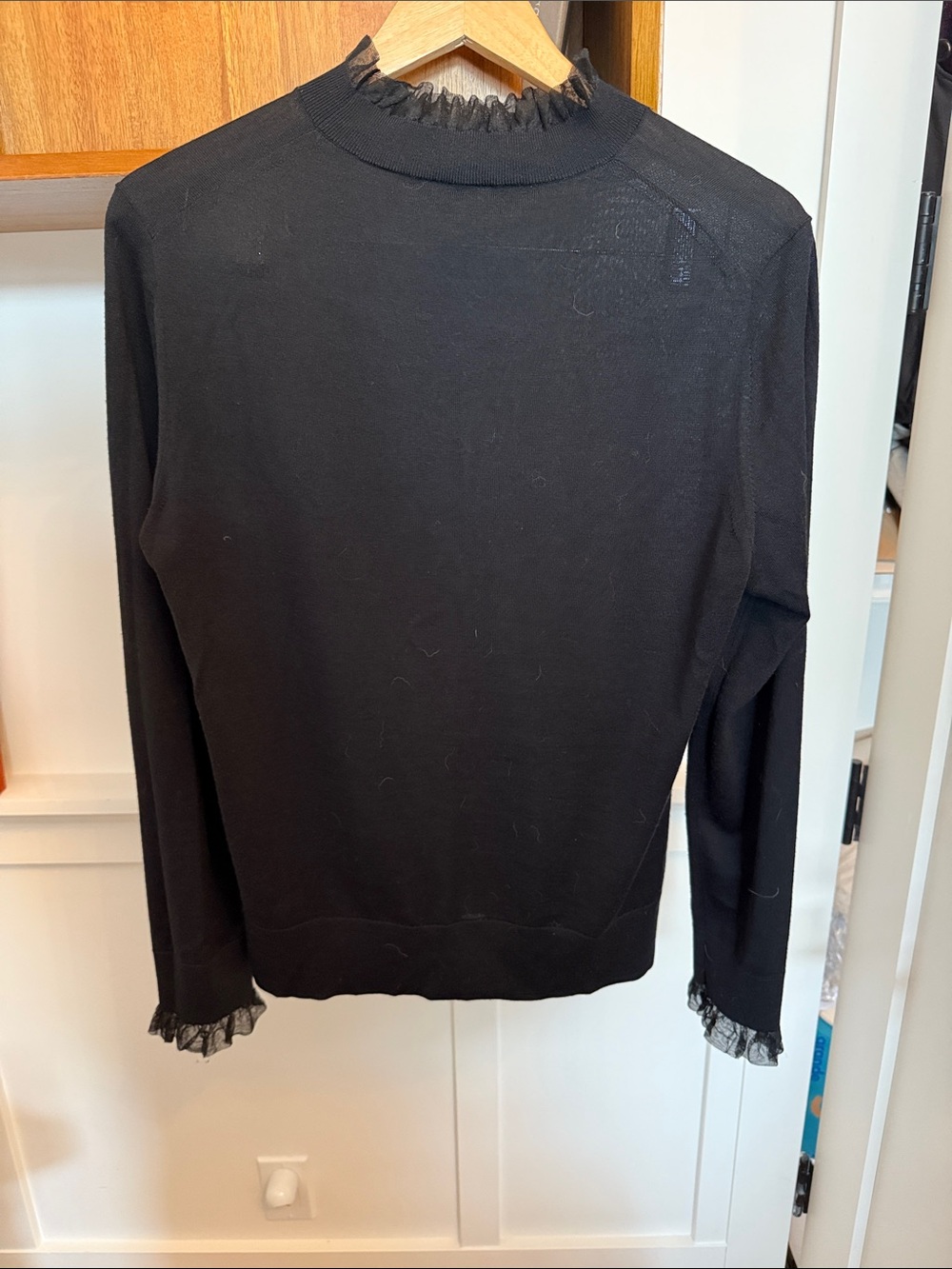 Lafayette 148 wool sweater with silk chiffon trim on neck and wrists